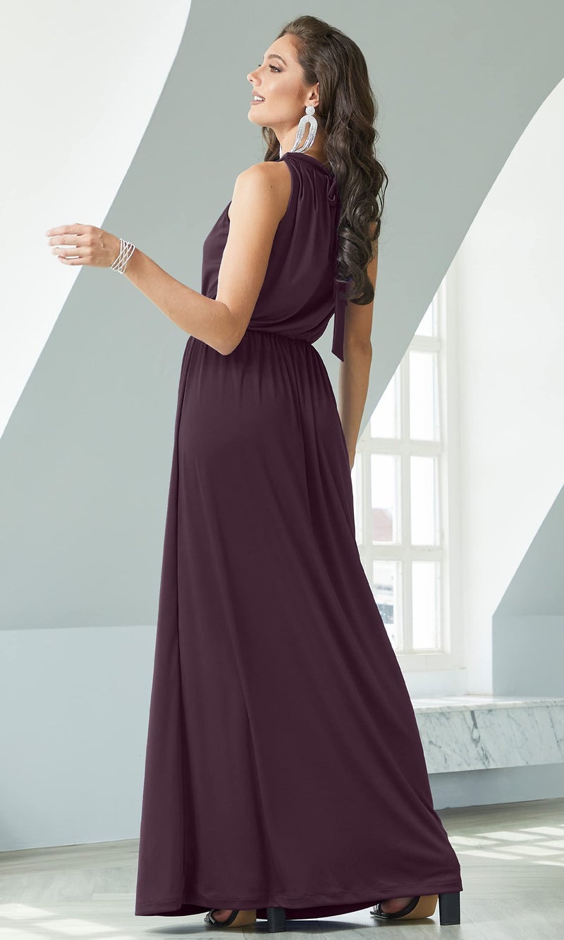 KOH KOH Plus Size Womens Long Sexy Sleeveless Bridesmaid Halter Neck Wedding Party Guest Summer Flowy Casual Brides Formal Evening A-line Gown Gowns Maxi Dress Dresses, Sangria Wine 2XL 18-20 - Image 4